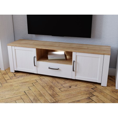 Meuble TV BOHOL Blanc – 2 Portes + 1 Tiroir + 1 Niche – L 166,1 × P 42 × H 51,8 cm