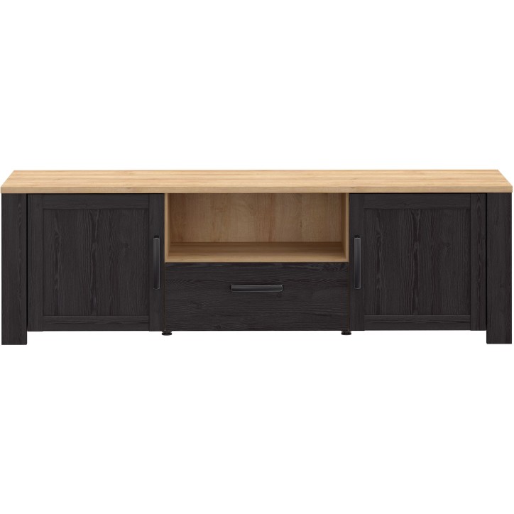 Meuble TV BOHOL Noir & Chene – 2 Portes + 1 Tiroir + 1 Niche – L 166,1 × P 42 × H 51,8 cm