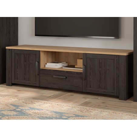 Meuble TV BOHOL Noir & Chene – 2 Portes + 1 Tiroir + 1 Niche – L 166,1 × P 42 × H 51,8 cm