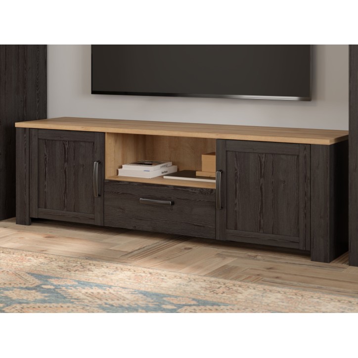 Meuble TV BOHOL Noir & Chene – 2 Portes + 1 Tiroir + 1 Niche – L 166,1 × P 42 × H 51,8 cm