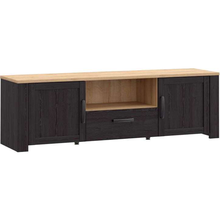 Meuble TV BOHOL Noir & Chene – 2 Portes + 1 Tiroir + 1 Niche – L 166,1 × P 42 × H 51,8 cm