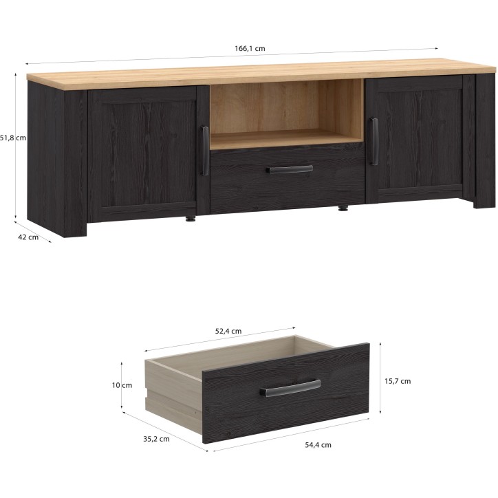 Meuble TV BOHOL Noir & Chene – 2 Portes + 1 Tiroir + 1 Niche – L 166,1 × P 42 × H 51,8 cm