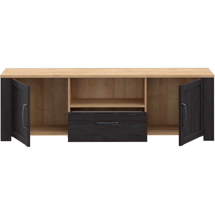 Meuble TV BOHOL Noir & Chene – 2 Portes + 1 Tiroir + 1 Niche – L 166,1 × P 42 × H 51,8 cm