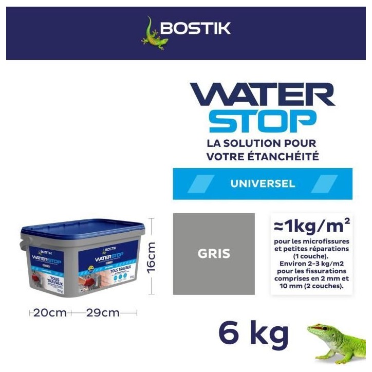 Membrane d'étanchéité - BOSTIK - Waterstop - Réparation fuites - Seau 6 kg - Gris Membrane d'étanchéité - BOSTIK - Waterstop - Réparation fuites - Seau 6 kg - Gris