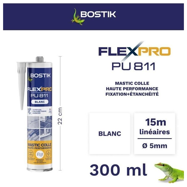 Mastic colle/joint - BOSTIK - Flexpro PU811 - Tous matériaux - Intérieur/extérieur - Blanc - 300 ml Mastic colle/joint - BOSTIK - Flexpro PU811 - Tous matériaux - Intérieur/extérieur - Blanc - 300 ml