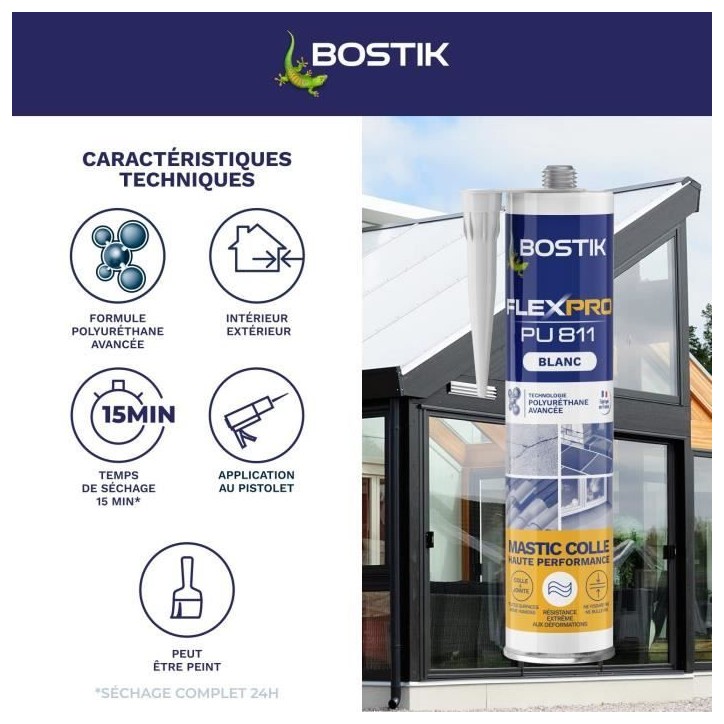 Mastic colle/joint - BOSTIK - Flexpro PU811 - Tous matériaux - Intérieur/extérieur - Blanc - 300 ml Mastic colle/joint - BOSTIK - Flexpro PU811 - Tous matériaux - Intérieur/extérieur - Blanc - 300 ml