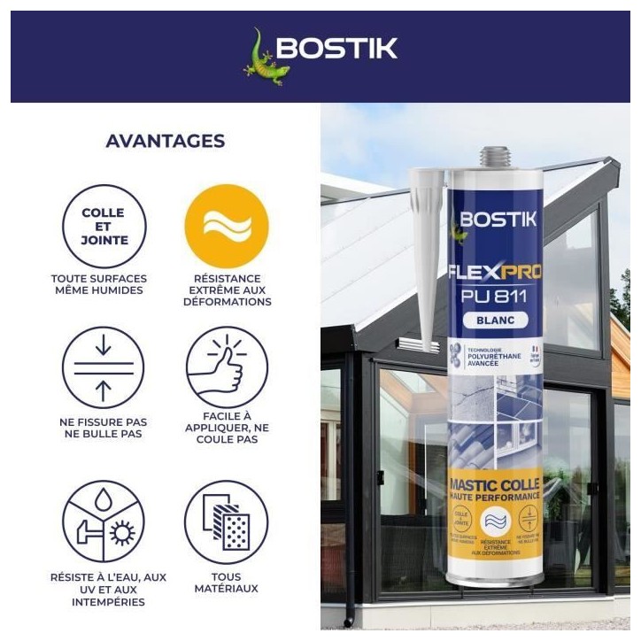 Mastic colle/joint - BOSTIK - Flexpro PU811 - Tous matériaux - Intérieur/extérieur - Blanc - 300 ml Mastic colle/joint - BOSTIK - Flexpro PU811 - Tous matériaux - Intérieur/extérieur - Blanc - 300 ml