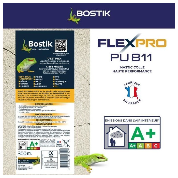 Mastic colle/joint - BOSTIK - Flexpro PU811 - Tous matériaux - Intérieur/extérieur - Blanc - 300 ml Mastic colle/joint - BOSTIK - Flexpro PU811 - Tous matériaux - Intérieur/extérieur - Blanc - 300 ml