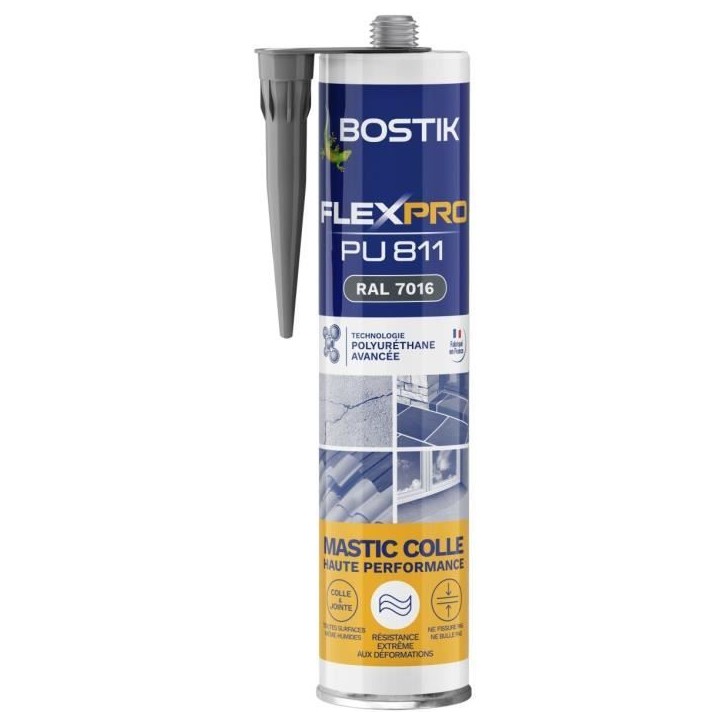 Mastic colle/joint - BOSTIK - Flexpro PU811 - Tous matériaux - Intérieur/extérieur - Anthracite RAL7016 - 300 ml