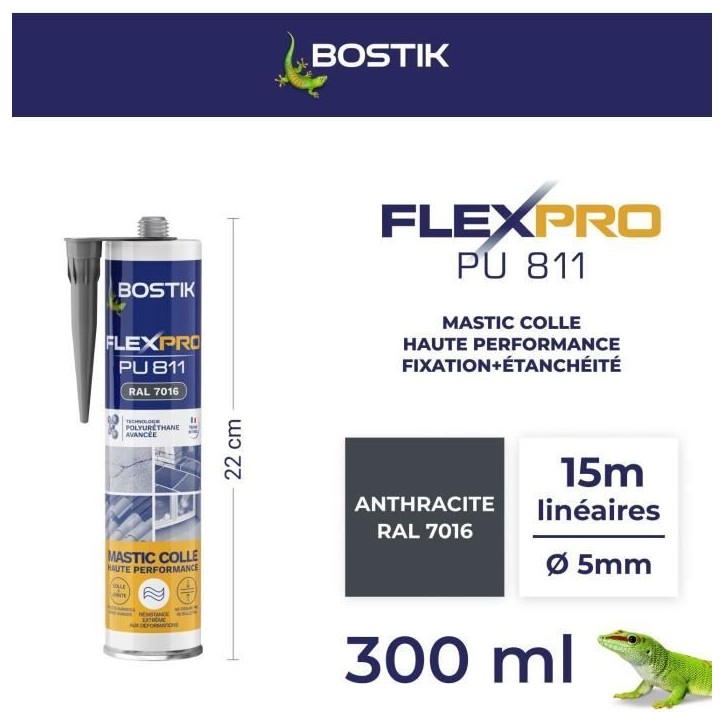 Mastic colle/joint - BOSTIK - Flexpro PU811 - Tous matériaux - Intérieur/extérieur - Anthracite RAL7016 - 300 ml