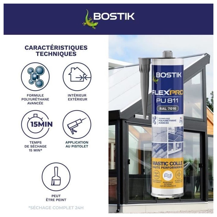 Mastic colle/joint - BOSTIK - Flexpro PU811 - Tous matériaux - Intérieur/extérieur - Anthracite RAL7016 - 300 ml