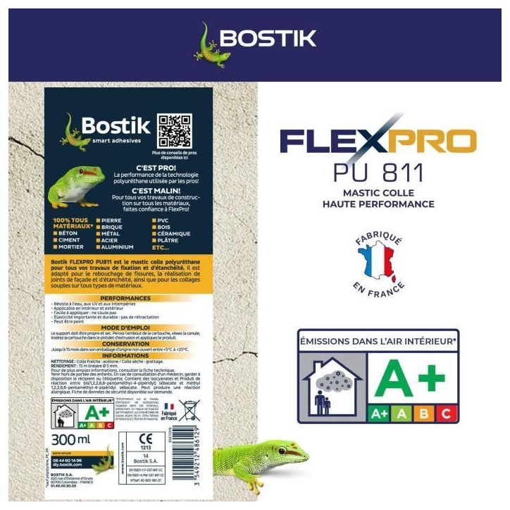 Mastic colle/joint - BOSTIK - Flexpro PU811 - Tous matériaux - Intérieur/extérieur - Anthracite RAL7016 - 300 ml