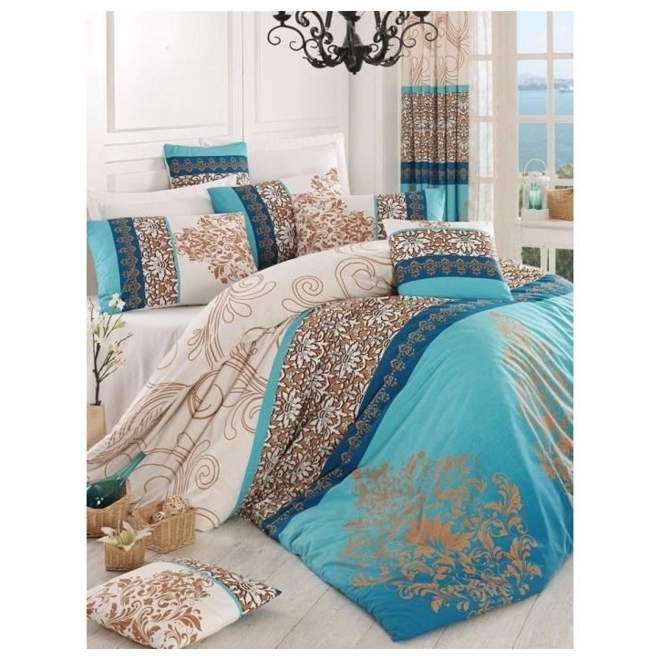 Parure de lit - 1 housse de couette 220 x 240 cm + 2 taies d'oreiller 60 x 60 cm - 100% coton renforcé - Turquoise