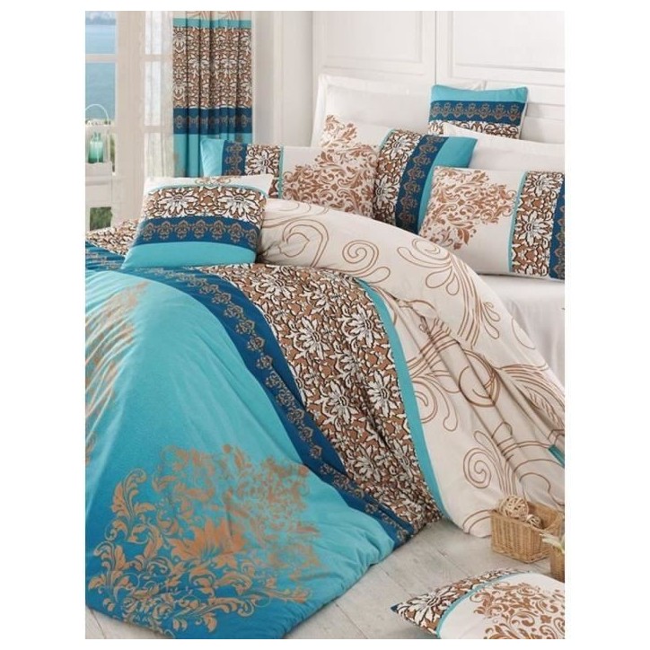Parure de lit - 1 housse de couette 220 x 240 cm + 2 taies d'oreiller 60 x 60 cm - 100% coton renforcé - Turquoise