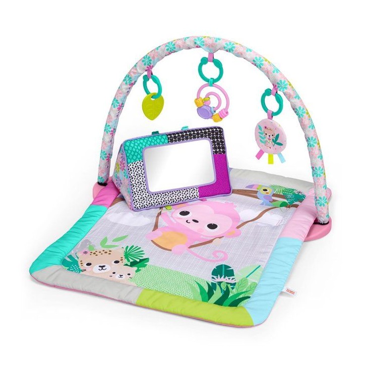 BRIGHTS STARTS Petit tapis d'éveil bébé pliable rose, arche de jeux, 5 jouets bébé, miroir, cartes, boulier et anneau de de