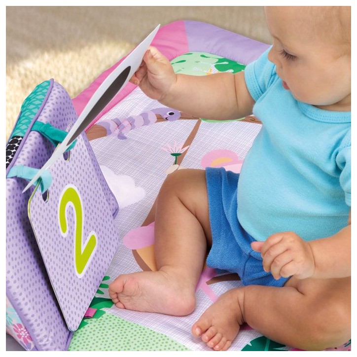 BRIGHTS STARTS Petit tapis d'éveil bébé pliable rose, arche de jeux, 5 jouets bébé, miroir, cartes, boulier et anneau de de