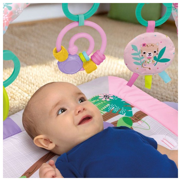 BRIGHTS STARTS Petit tapis d'éveil bébé pliable rose, arche de jeux, 5 jouets bébé, miroir, cartes, boulier et anneau de de