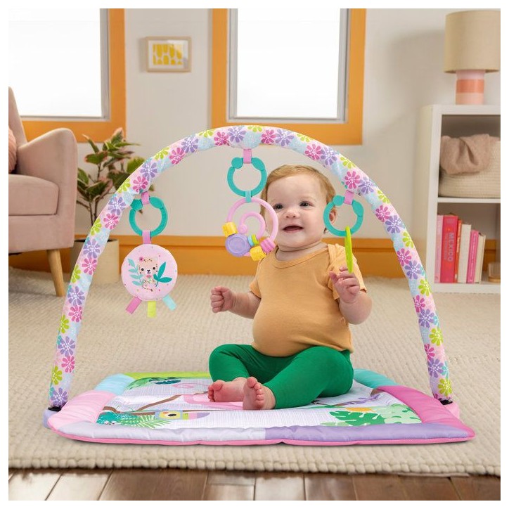 BRIGHTS STARTS Petit tapis d'éveil bébé pliable rose, arche de jeux, 5 jouets bébé, miroir, cartes, boulier et anneau de de