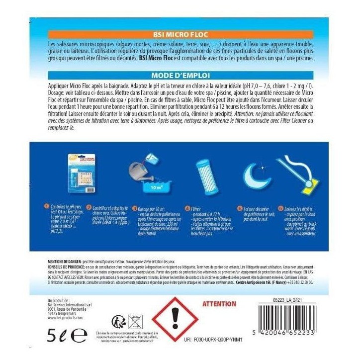 Floculant piscine - BSI - Micro Floc 5 L - Puissant - Clarifiant eau - Optimise filtration Floculant piscine - BSI - Micro Floc 5 L - Puissant - Clarifiant eau - Optimise filtration