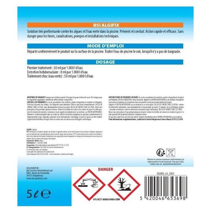 Anti-algues piscine - BSI - Algifix 5 L - Liquide - Eau claire - Prévention algues