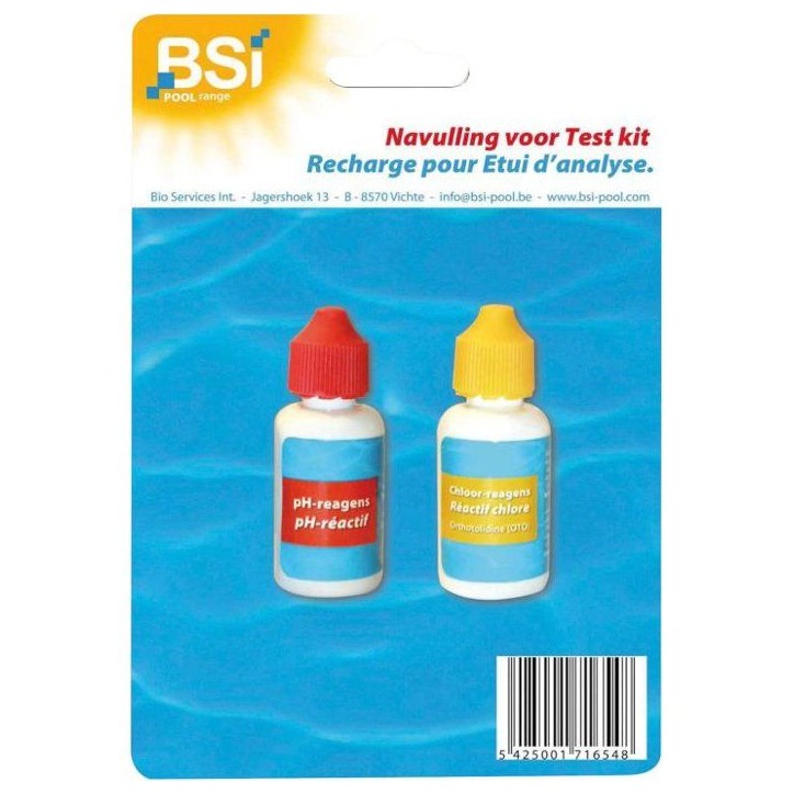 Recharge testeur eau piscine - BSI - Testeur pH & Chlore - Recharge kit - Analyse eau piscine & spa - Contrôle qualité eau Recharge testeur eau piscine - BSI - Testeur pH & Chlore - Recharge kit - Analyse eau piscine & spa - Contrôle qualité eau