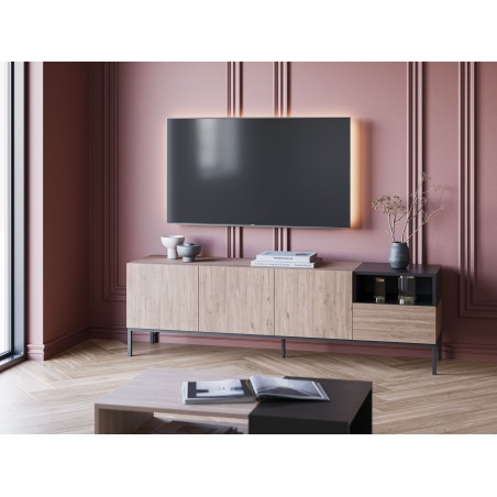 Meuble TV CAILIN – Chene Artisan & Noir – 3 portes, 1 niche et 1 t