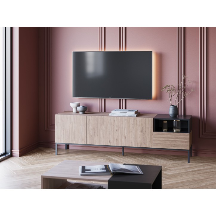 Meuble TV CAILIN – Chene Artisan & Noir – 3 portes, 1 niche et 1 tablette fixe – 180 x 40 x 55 cm Meuble TV CAILIN – Chene Artisan & Noir – 3 portes, 1 niche et 1 tablette fixe – 180 x 40 x 55 cm