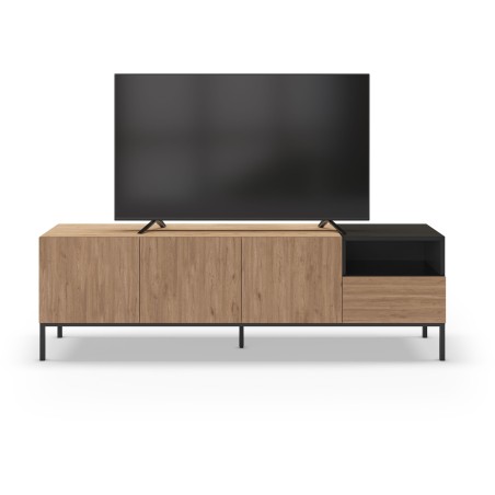 Meuble TV CAILIN – Chene Artisan & Noir – 3 portes, 1 niche et 1 tablette fixe – 180 x 40 x 55 cm