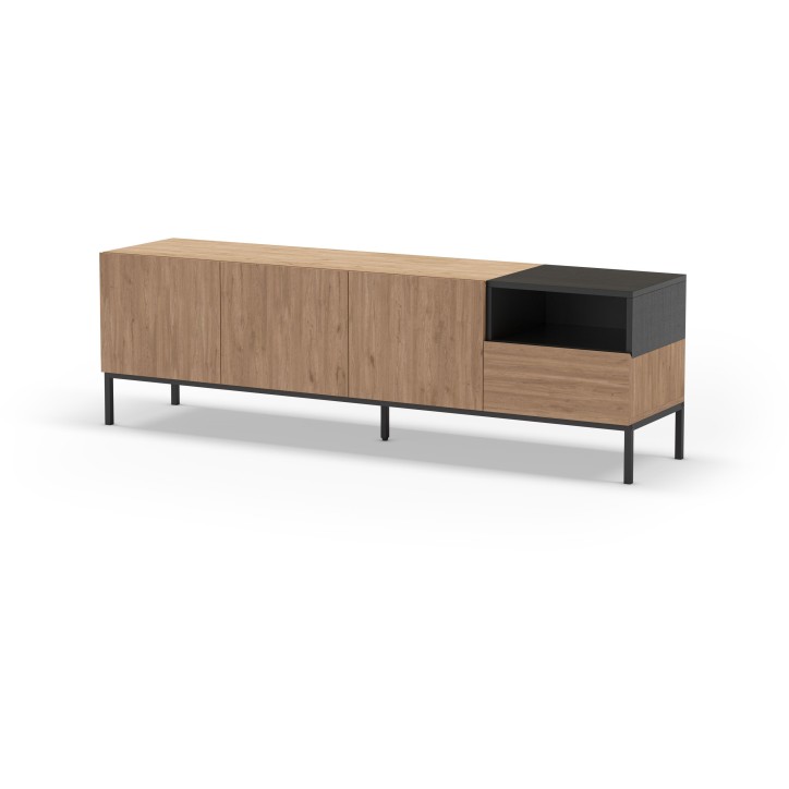 Meuble TV CAILIN – Chene Artisan & Noir – 3 portes, 1 niche et 1 tablette fixe – 180 x 40 x 55 cm Meuble TV CAILIN – Chene Artisan & Noir – 3 portes, 1 niche et 1 tablette fixe – 180 x 40 x 55 cm