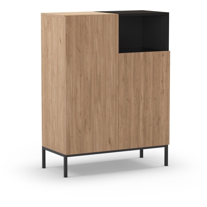 Buffet Haut CAILIN – Chene Artisan & Noir – 2 portes, 1 niche – 90 x 40 x 120 cm