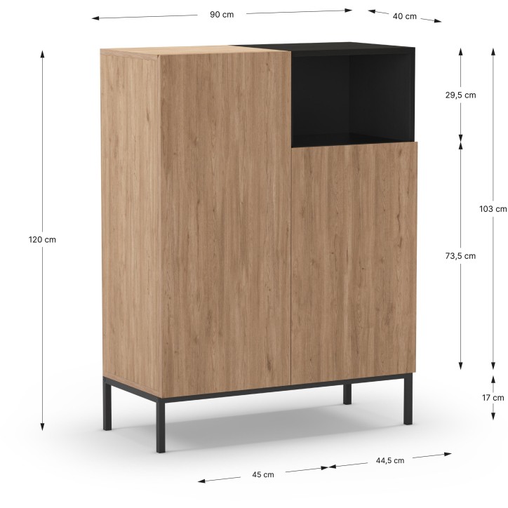Buffet Haut CAILIN – Chene Artisan & Noir – 2 portes, 1 niche – 90 x 40 x 120 cm