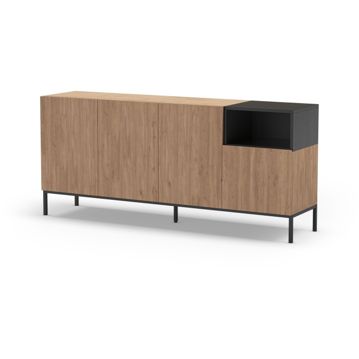 Buffet CAILIN – Chene Artisan & Noir – 4 portes, 1 niche – 180 x 40 x 80 cm