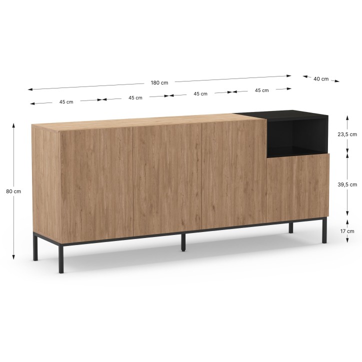Buffet CAILIN – Chene Artisan & Noir – 4 portes, 1 niche – 180 x 40 x 80 cm
