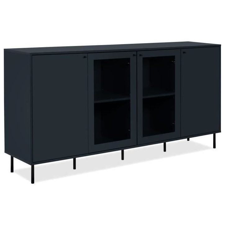 Buffet bas - CARACAS - Décor bleu navy - 2 portes vitrées + 2 portes - L180 x H90 x P40 cm