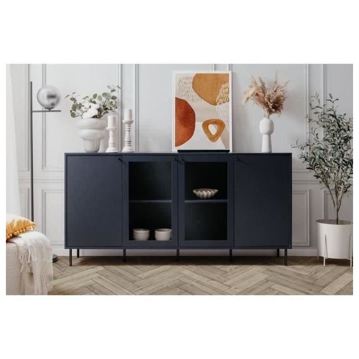 Buffet bas - CARACAS - Décor bleu navy - 2 portes vitrées + 2 portes - L180 x H90 x P40 cm
