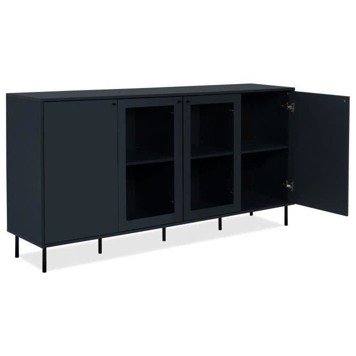 Buffet bas - CARACAS - Décor bleu navy - 2 portes vitrées + 2 portes - L180 x H90 x P40 cm