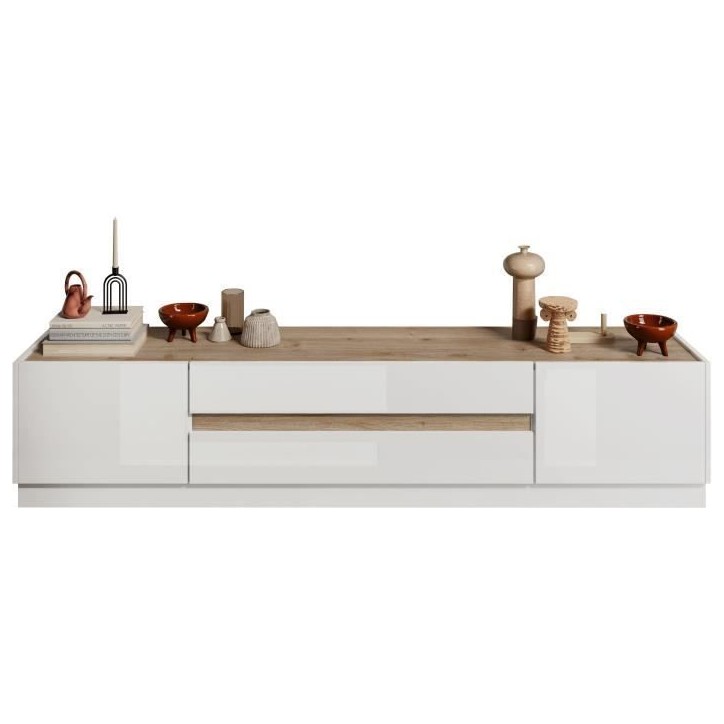 Meuble TV - FIRENZE - 2 portes - 2 tiroirs - Blanc laqué - Chene Cadiz - 205 x 40 x 44 cm Meuble TV - FIRENZE - 2 portes - 2 tiroirs - Blanc laqué - Chene Cadiz - 205 x 40 x 44 cm