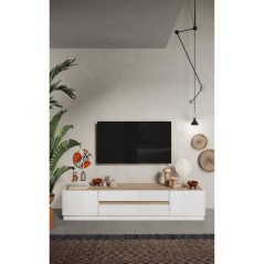 Meuble TV - FIRENZE - 2 portes - 2 tiroirs - Blanc laqué - Chene Cadiz - 205 x 40 x 44 cm