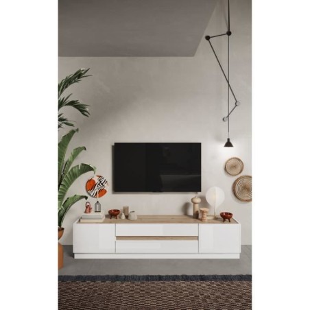 Meuble TV - FIRENZE - 2 portes - 2 tiroirs - Blanc laqué - Chene Cadiz - 205 x 40 x 44 cm