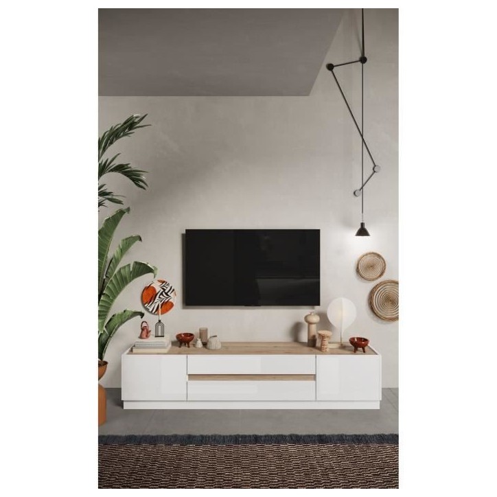 Meuble TV - FIRENZE - 2 portes - 2 tiroirs - Blanc laqué - Chene Cadiz - 205 x 40 x 44 cm Meuble TV - FIRENZE - 2 portes - 2 tiroirs - Blanc laqué - Chene Cadiz - 205 x 40 x 44 cm