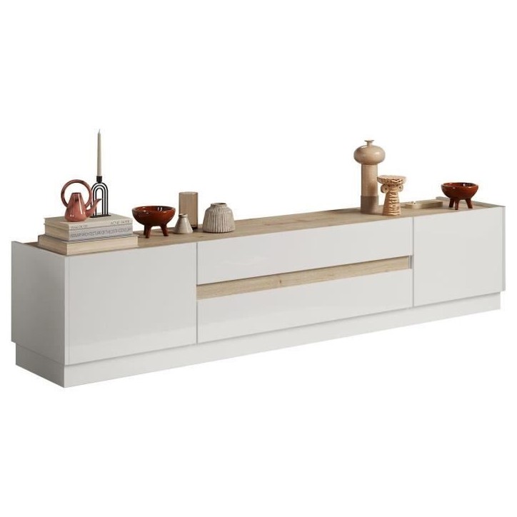 Meuble TV - FIRENZE - 2 portes - 2 tiroirs - Blanc laqué - Chene Cadiz - 205 x 40 x 44 cm Meuble TV - FIRENZE - 2 portes - 2 tiroirs - Blanc laqué - Chene Cadiz - 205 x 40 x 44 cm