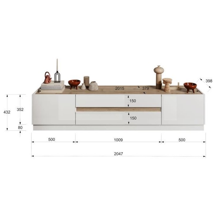 Meuble TV - FIRENZE - 2 portes - 2 tiroirs - Blanc laqué - Chene Cadiz - 205 x 40 x 44 cm Meuble TV - FIRENZE - 2 portes - 2 tiroirs - Blanc laqué - Chene Cadiz - 205 x 40 x 44 cm