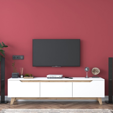 Meuble TV - D1 - Blanc / Noyer - Rangement supplémentaire - 180 x 49