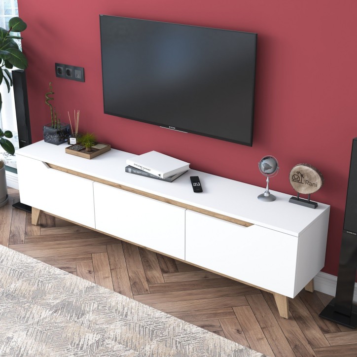 Meuble TV - D1 - Blanc / Noyer - Rangement supplémentaire - 180 x 49 x 35 cm