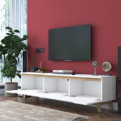 Meuble TV - D1 - Blanc / Noyer - Rangement supplémentaire - 180 x 49