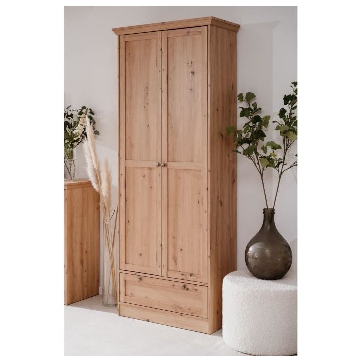Armoire - Landwood - Décor chene artisan - 2 Portes - 1 Tiroir - L80 x P39 x H200 cm