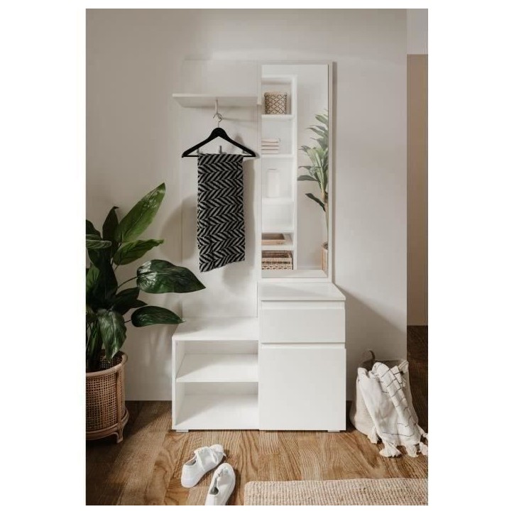 Meuble d'entrée de rangement avec penderie IMAGE - Décor blanc - 1 porte + 1 tiroir - L85 x H195 x P37 cm