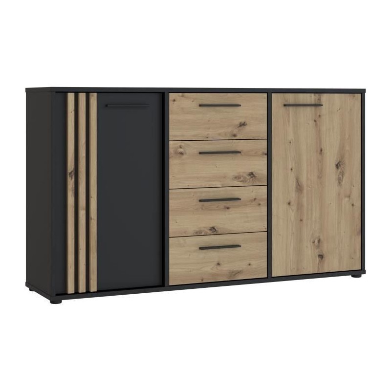 Buffet CARDIGAN 2 portes, 4 tiroirs - Décor chene artisan et noir - L