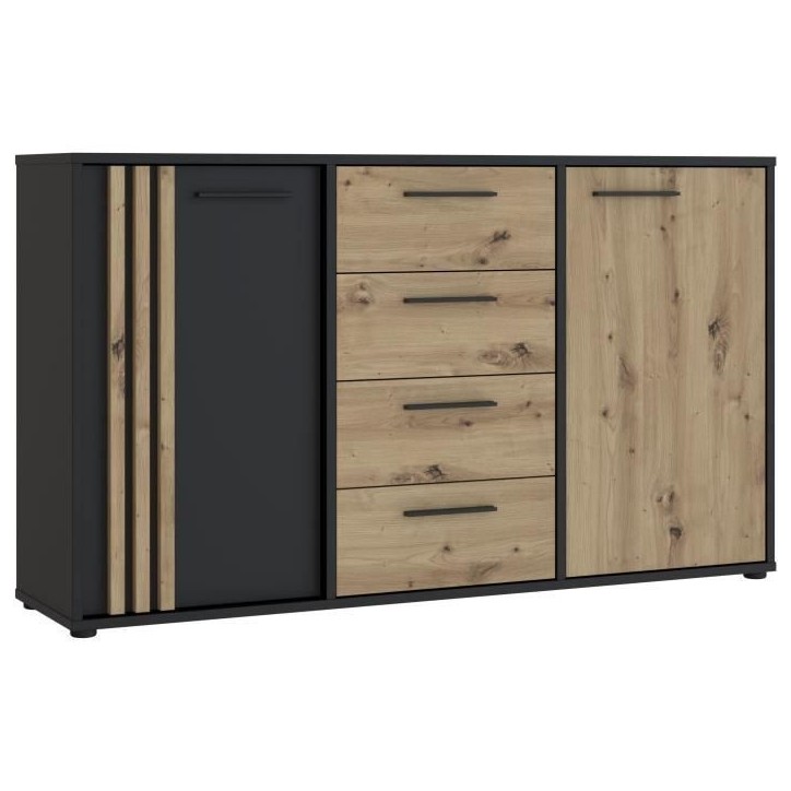 Buffet CARDIGAN 2 portes, 4 tiroirs - Décor chene artisan et noir - L142,6 x P34,2 x H82,3 cm - Poignées en métal noir Buffet CARDIGAN 2 portes, 4 tiroirs - Décor chene artisan et noir - L142,6 x P34,2 x H82,3 cm - Poignées en métal noir