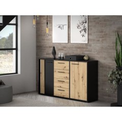 Buffet CARDIGAN 2 portes, 4 tiroirs - Décor chene artisan et noir - L142,6 x P34,2 x H82,3 cm - Poignées en métal noir
